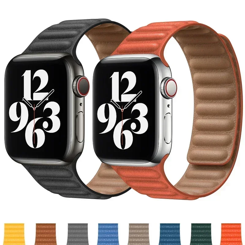 Leather Link For Apple Watch Band 45mm 41mm 44mm 40mm 49mm Original Magnetic Loop bracelet iWatch Series 8 Ultra 3 SE 6 7 Strap