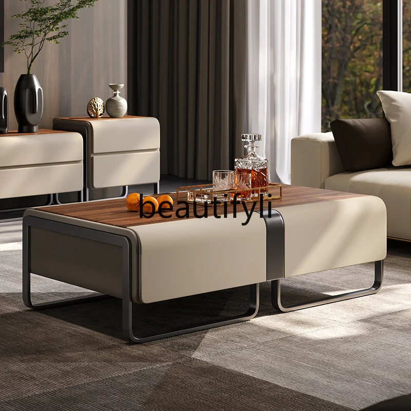 

Light luxury coffee table TV cabinet combination villa large flat floor simple rectangular walnut with drawers tea table