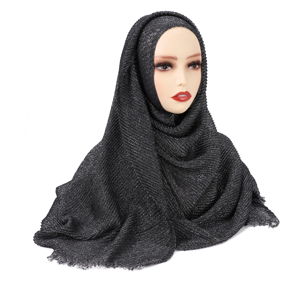 Pleated Rayon Viscose Scarf Glitter Tassel Muslim Woman Hijab Elegant Ladies Shiny Shawl Wrap Gold Silver Party Stoles Scarves