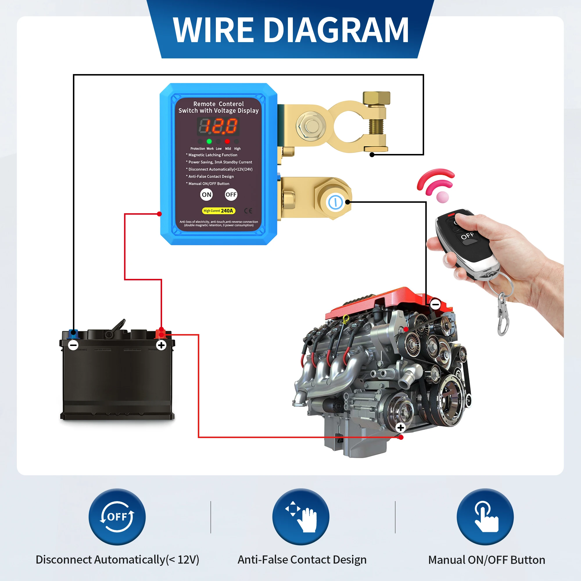 DaierTek 240A Kill Switch 12V Remote Battery Disconnect Switch with Led Voltage Display Automatic Power Shut Off Switch for Auto