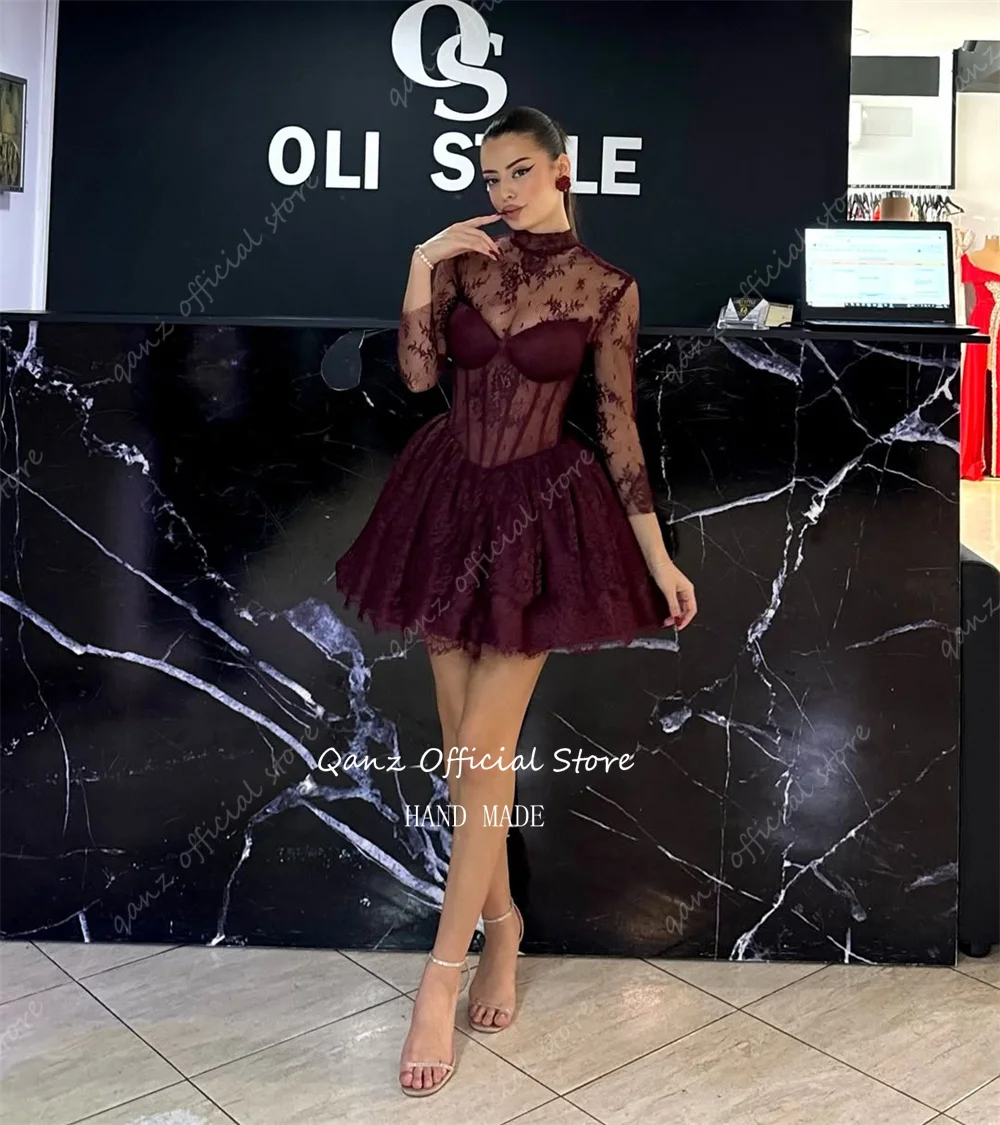 Qanz Burgundy Prom Dresses Women Lace Appliques Illusion Mini Robes De Cocktail Sleeveless Short Birthday Dresses Customized