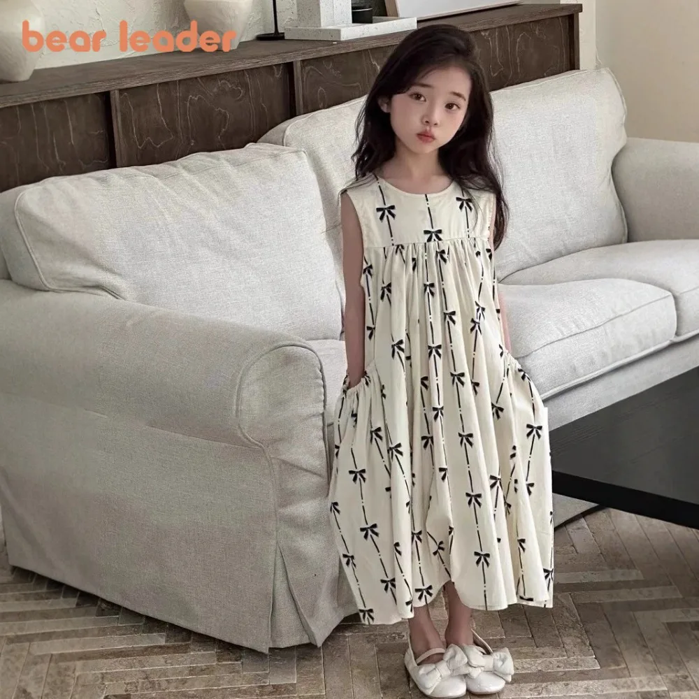 Bear Leader Summer New Sleeveless Tank Top Dress 2-7 Years Old Korean Version Kids Wear Bow Printed Pocket Girls Casual Dresses