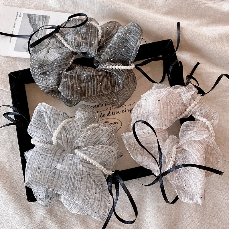 

Luxury French Organza Bow Scrunchies Rhinestone Striped Pearl Wrapped Hair Ties for Women Bun Ponytail Holder Elegant Daily