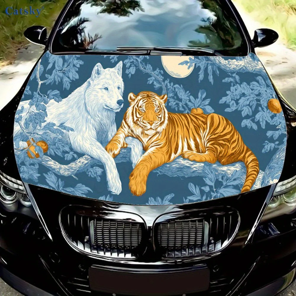 

Tigers, Wolves, and Blue Patterns Car Hood Vinyl Wraps Decal, Auto Exterior Protective Sticker, Waterproof Self-adhesive Car Bod