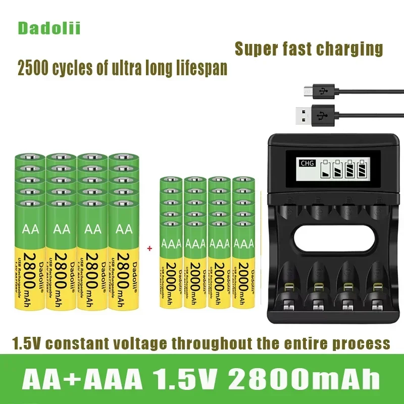 Dadolii original aa/aaa bateria 1.5v bateria de íon de lítio de polímero recarregável 1.5v aa/aaa bateria com carregador usb