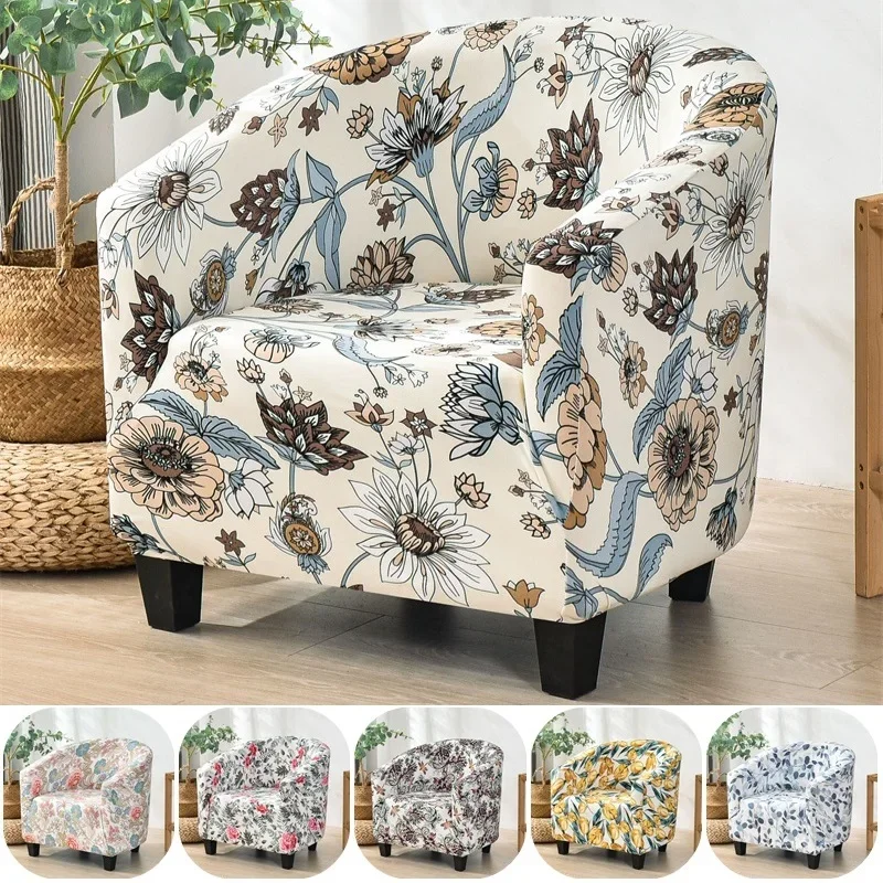 

European Style Printed Tub Club Chair Cover Elastic Stretch Spandex Single Sofa Slipcover Case for Bar Study Counter Living Room