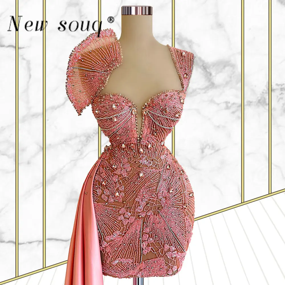 Chic Roze Korte Ingericht Prom Dresses Couture Mode Een Schouder Glitter Kant Pailletten Mini Cocktail Partij Jassen Met Side Trein