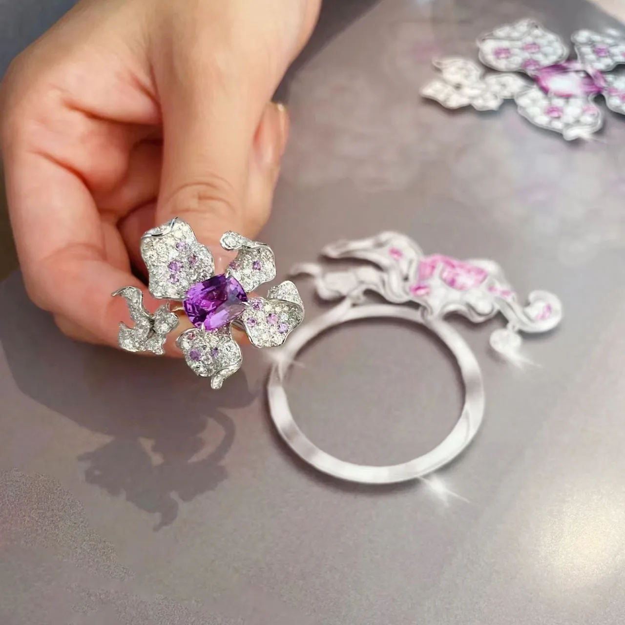 2022 New Trendy Big 925 Ring Amethyst Zircon Flower Open Rings for Women Luxury INS Style Party Dinner Sterling Silver Jewelry