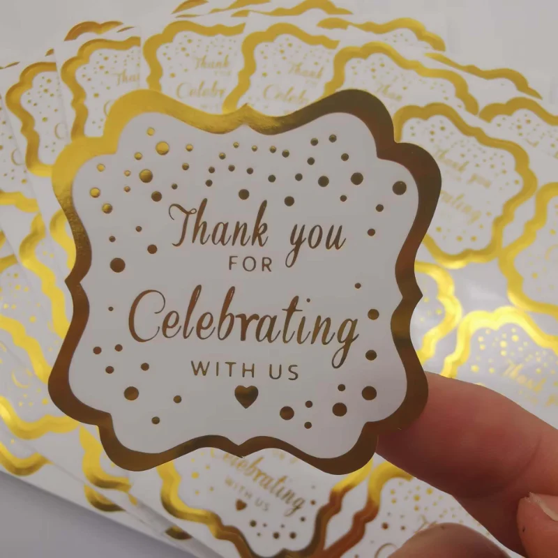 60pcs Gold Foil Thank You For Celebrating With Us Stickers 2 inch Fancy Frame Rectangular Labels Stickers for Wedding Party