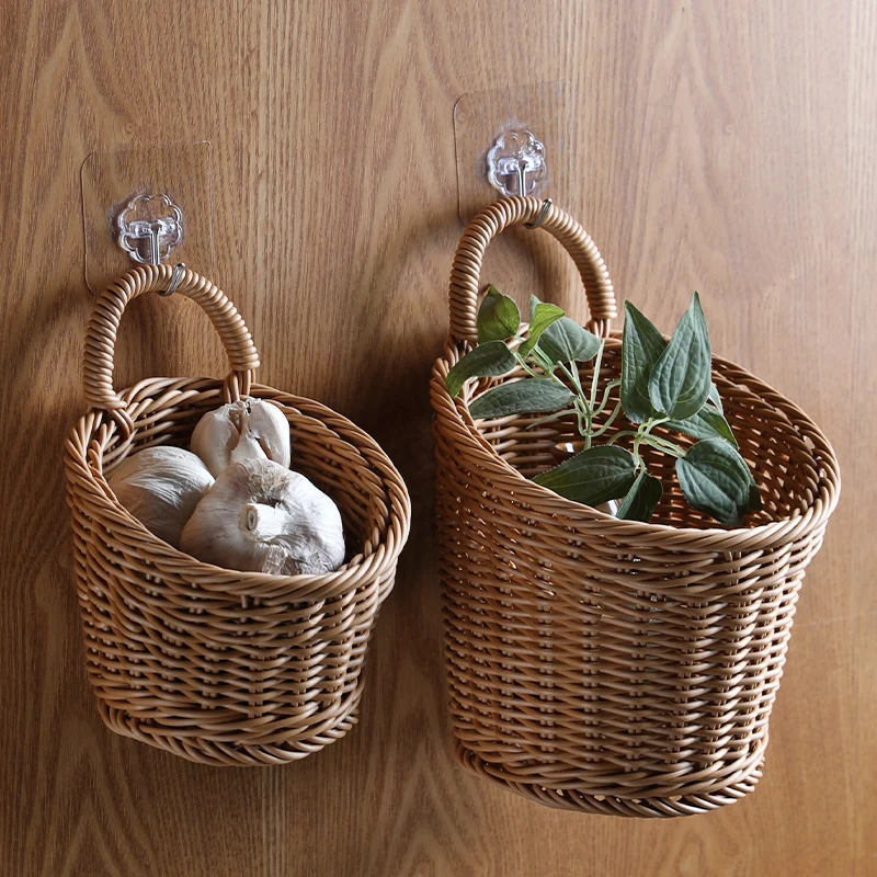 

Kitchen Wall Hanging Storage Baskets, Small PE Rattan Basket, Hand Woven, Durable Plastic Imitation Rattan Fruit Basket