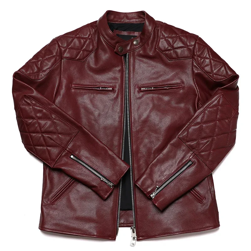 New Motocycle Red Real Sheepskin Leather Jacket Men's 100% Genuine Biker Coats Man Slim Jackets Fashion Clothing