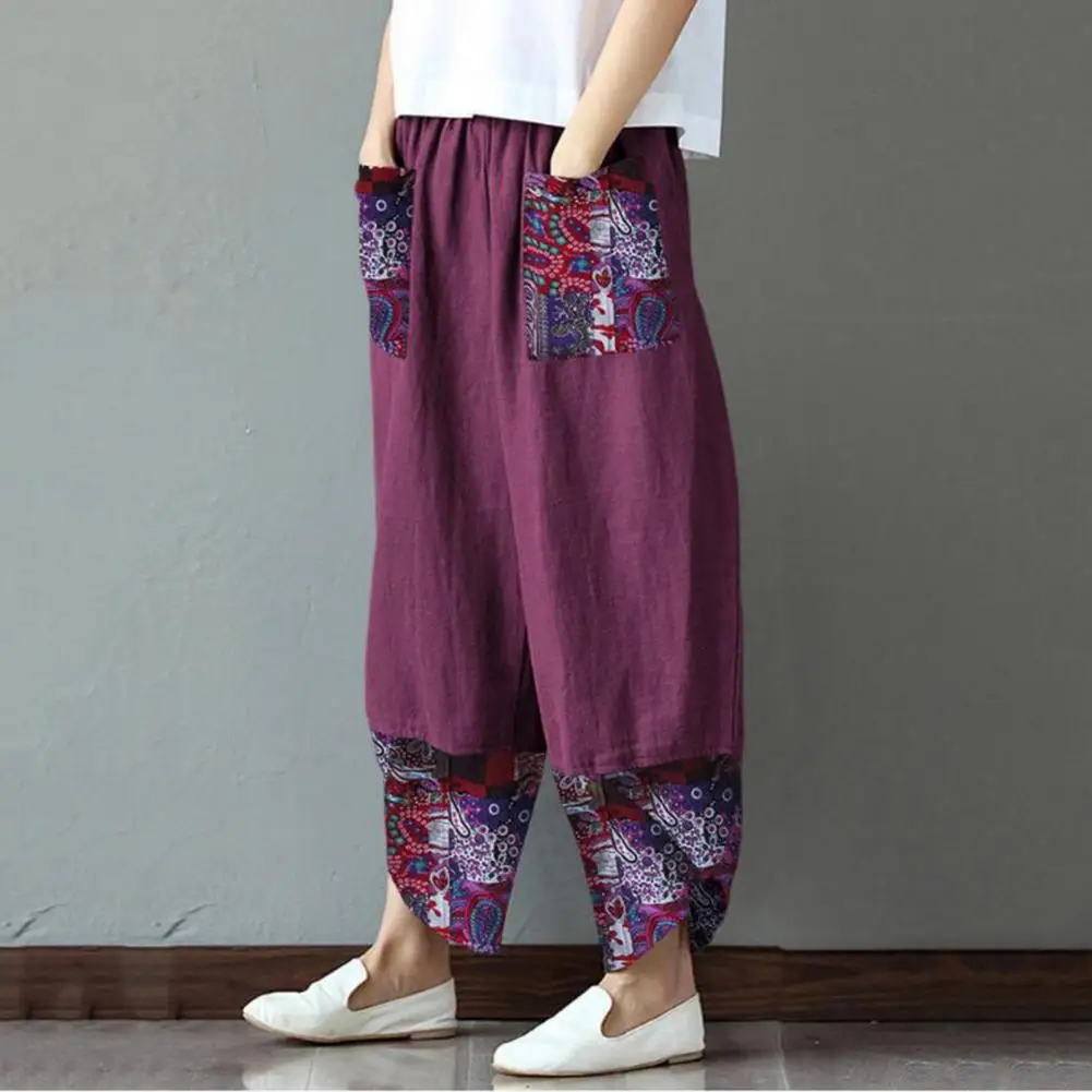 Vintage Printed Harem Pants Women Trousers Casual Elastic Waist Cotton Linen Wide Leg Pants Loose Summer Plus Size Pant