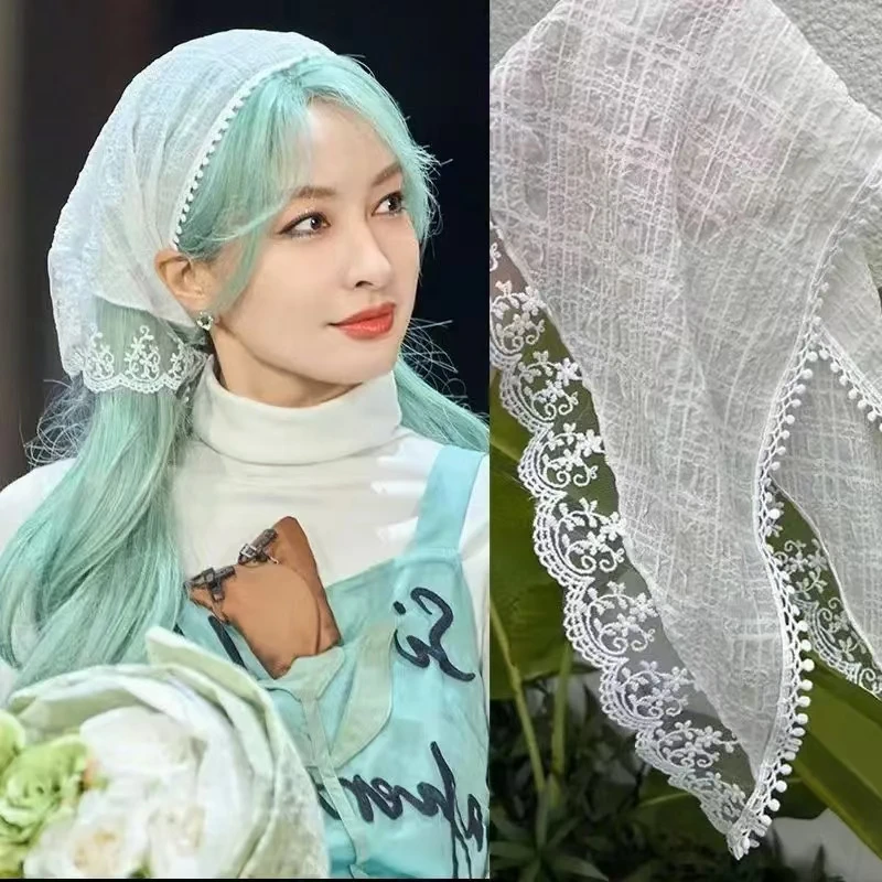 

Spring Women Lace Bandana French Floral Plaid Hair Bands Triangle Headscarf Vintage Hollow Solid Color Head Wrap Scarf Headwear