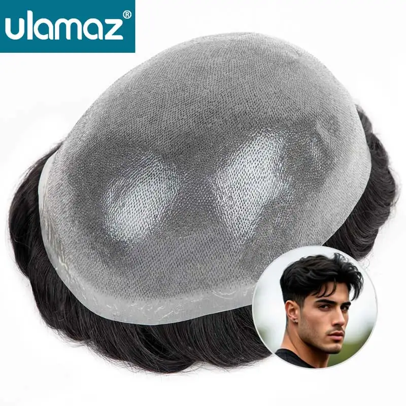 

Full Skin Male Hair Prosthesis 0.08-0.10mm Microskin Toupee Hair Men Durable Wigs For Men 100% Human Hair PU Hair System For Man