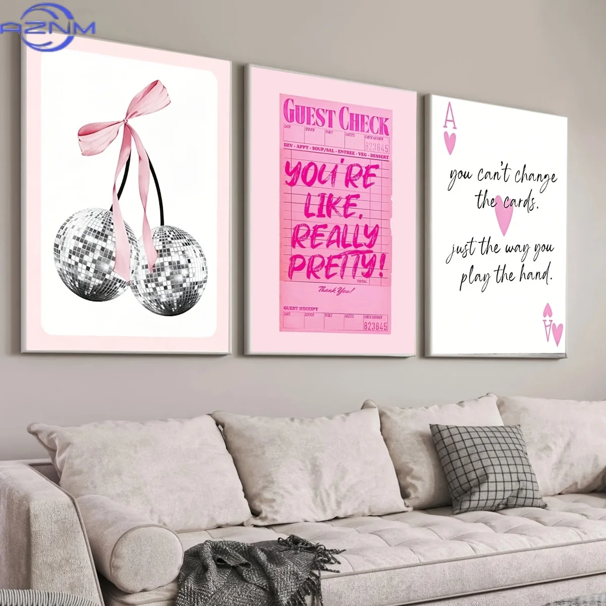 2D Flat Unframed, 3pcs/Set Pink Preppy Wall Art, Trendy Coquette Disco Cherry Posters, Retro Guest Check Canvas Art Prints, Po