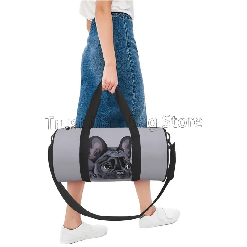 Cartoon French Bulldog Travel Duffel Bag, impermeável, sacola esportiva, Gym Bag, Weekender Overnight Bags, dobrável Carry on sacos de bagagem