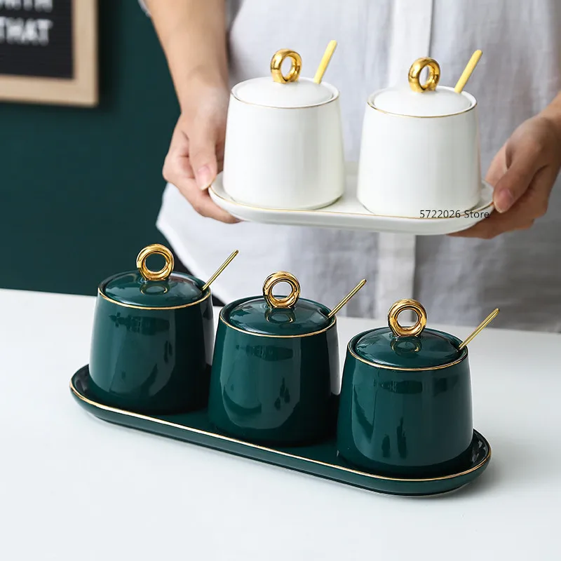 Kitchen Seasoning Tool Sugar Bowl Creative Dark Green Ceramic Seasoning Jar Set Household Lidded Salt Shaker Seasoning Box