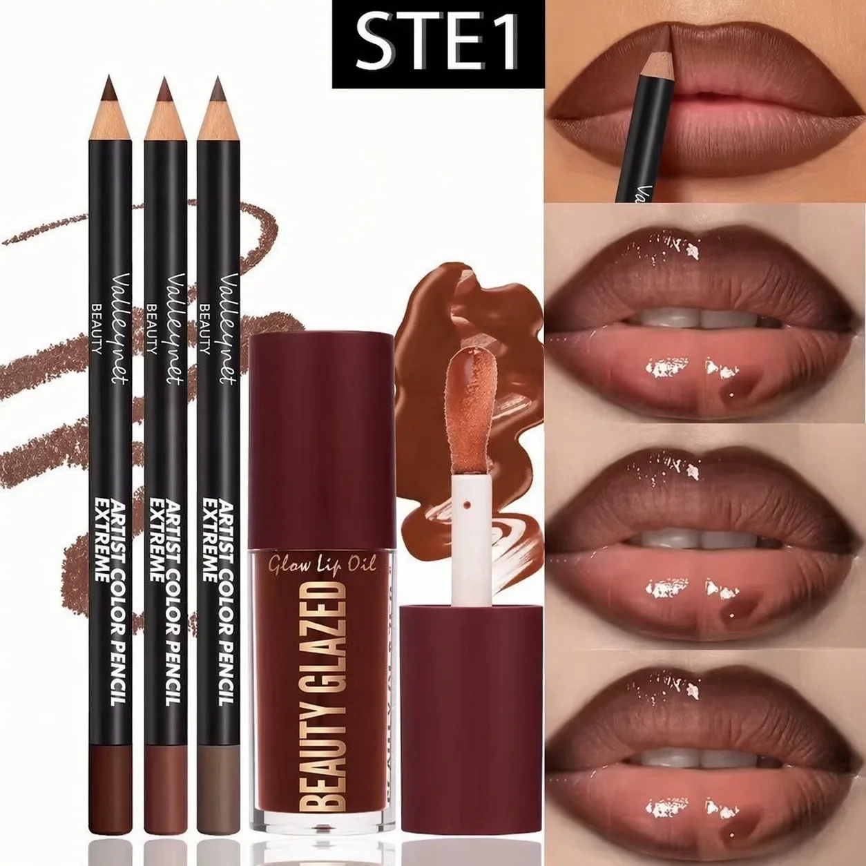 4pcs Lip Kit Set-3pcs Lip Liner+1pc Lip Glaze, Waterproof&Long-Lasting Matte Effect,Versatile for Casual & Formal Occasions,