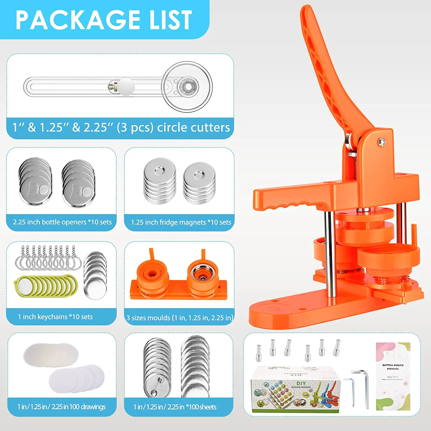 Orange Button Making Machine DIY Pin Punch Button Press Badge Making Supplies With 300 Button Needle Back Mylar And Round Cutter