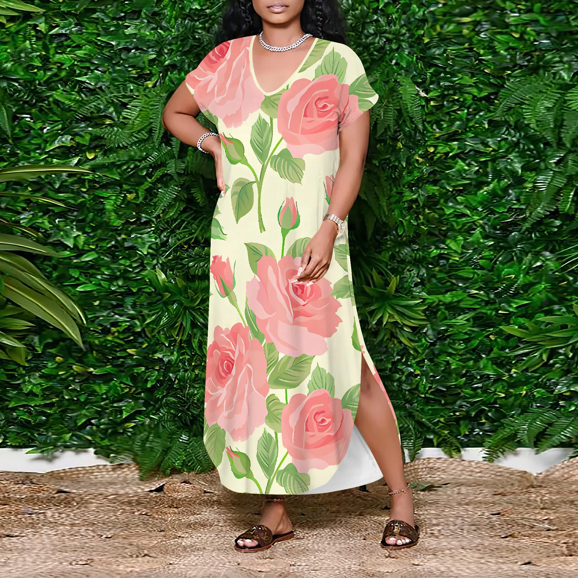 Romantic Rose Off Shoulder Maxi Dress for Women Summer Casual Streetwear