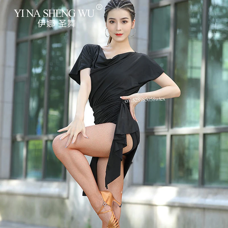 

Платье для латинских танцев для взрослых и женщин, бальный костюм для танго-ча-ча, костюм для латинских выступлений, черное платье нестандартной формы с короткими рукавами