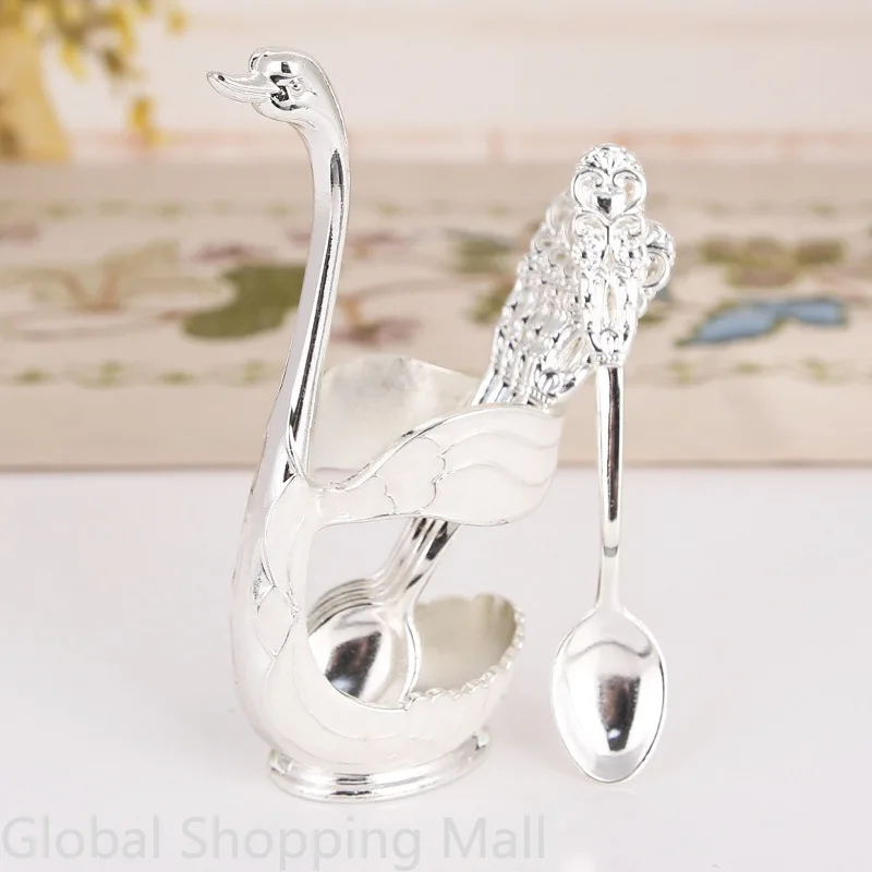 Creative Dinnerware Set with Decorative Swan Base Holder and 6 Spoons or Folks for Coffee Fruit Dessert Stirring Mixing