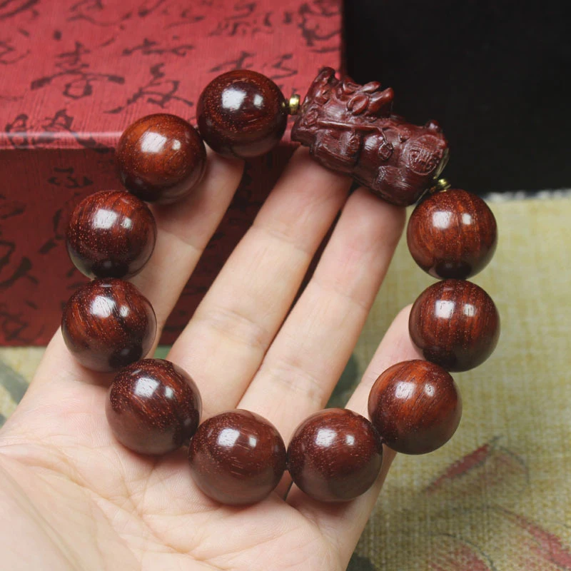 

Zambian Rosewood Blood Sandalwood 20mm Buddha Bead Bracelet with Pixiu Carving for Wealth, Traditional Chinese Style Men's Gift