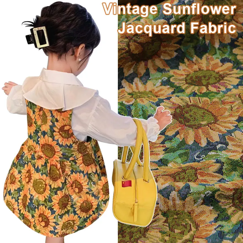 Oil Painting Sunflower Jacquard Fabric 148cm Wide Vintage Ethnic Style Material for DIY Dress Bags Hats Sewing Cloth by Meter