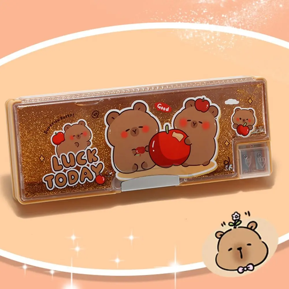 Capybara/Astronaut Multifunctional Pencil Case Double Sided Use Quicksand Decor Stationery Box Large Capacity Pen Bag Students