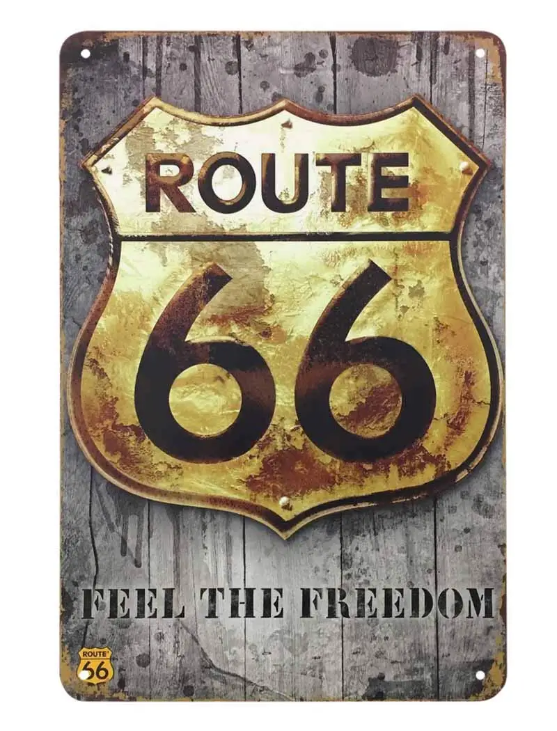 AOYEGO Route 66 Tin Sign,Gold Plaque On the Retro Wooden With Letter Feel the Freedom Vintage Metal Tin Signs for Cafes Bars Pub