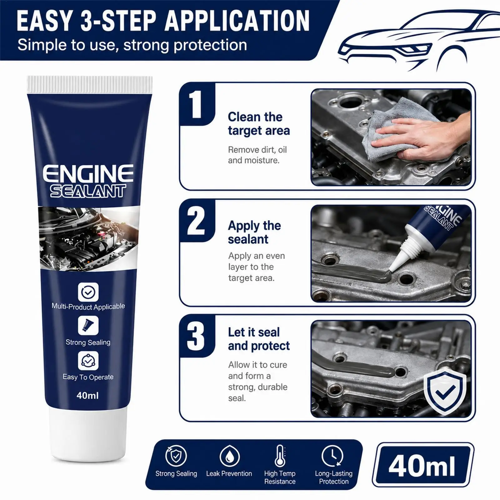 40ml Gasket Sealer, Waterproof Quick-Dry Engine Sealant, Oil Resistant Repair Glue for Car Motorcycle Transmission Valve Cover