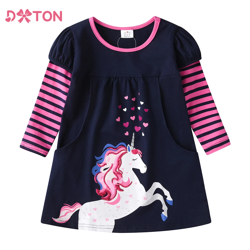 DXTON Kids Long Sleeve Casual Dress Girls Unicorn Heart Cartoon Print Striped Striped Dresses Kids Autumn Spring Frocks 3-12 Yrs