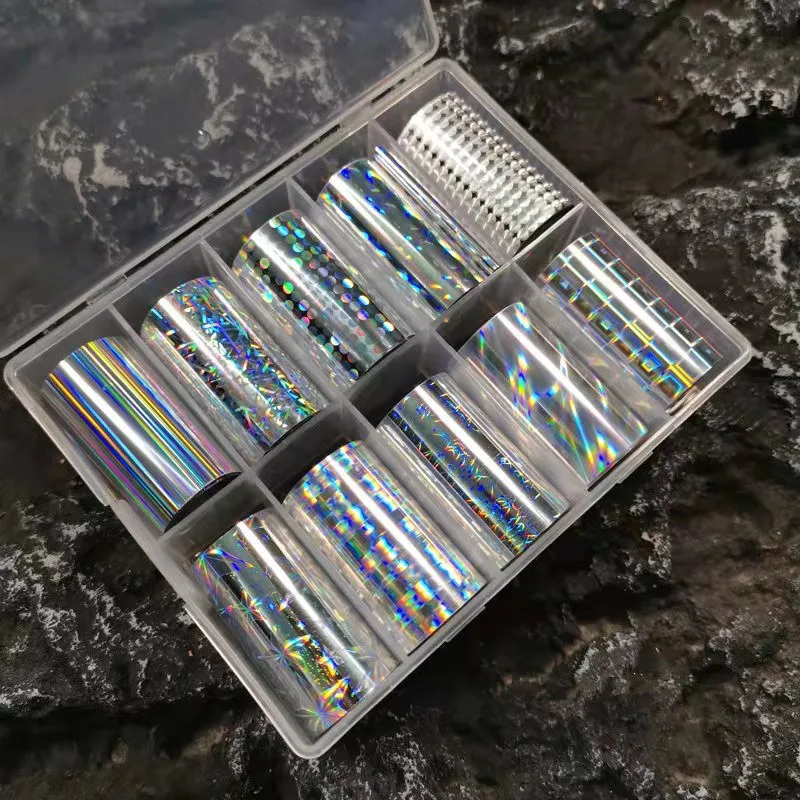 1 caja de láminas de uñas de escamas láser para papel de transferencia, envolturas de uñas de espejo plateado de Metal, decoraciones de Arte de uñas