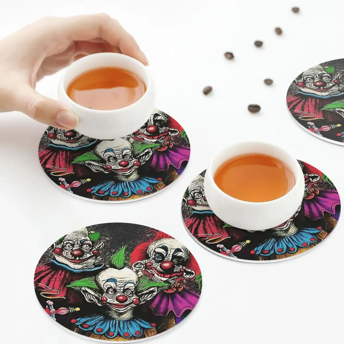 Killer Klowns From Outer Space Coasters PVC Leather Placemats Insulation Coffee Mats for Decor Home Kitchen Dining Pads Set of 6