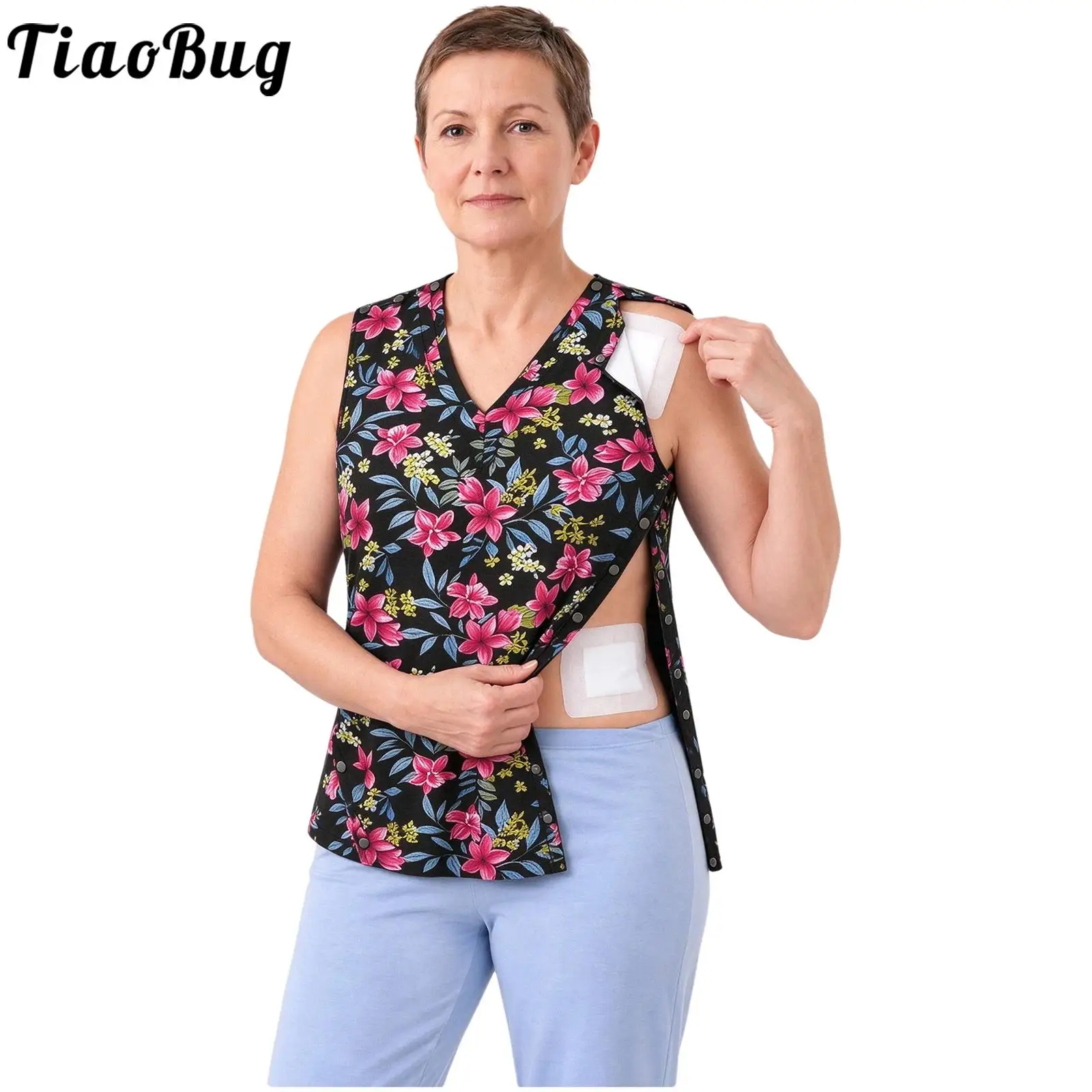 Women Post-surgery Adaptive Tank Tops V-neck Sleeveless Press Buttons Shoulders Sides Printed Top for Postoperative Recovery