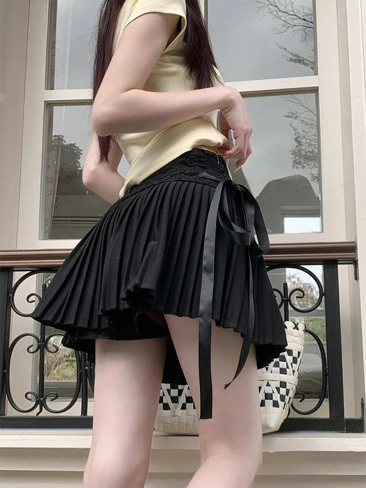 الصلبة الدانتيل مطوي تنورة الصيف عالية الخصر ألف خط تنورة موضة غير رسمية المرأة تنورة قصيرة 2025 الملابس الكورية