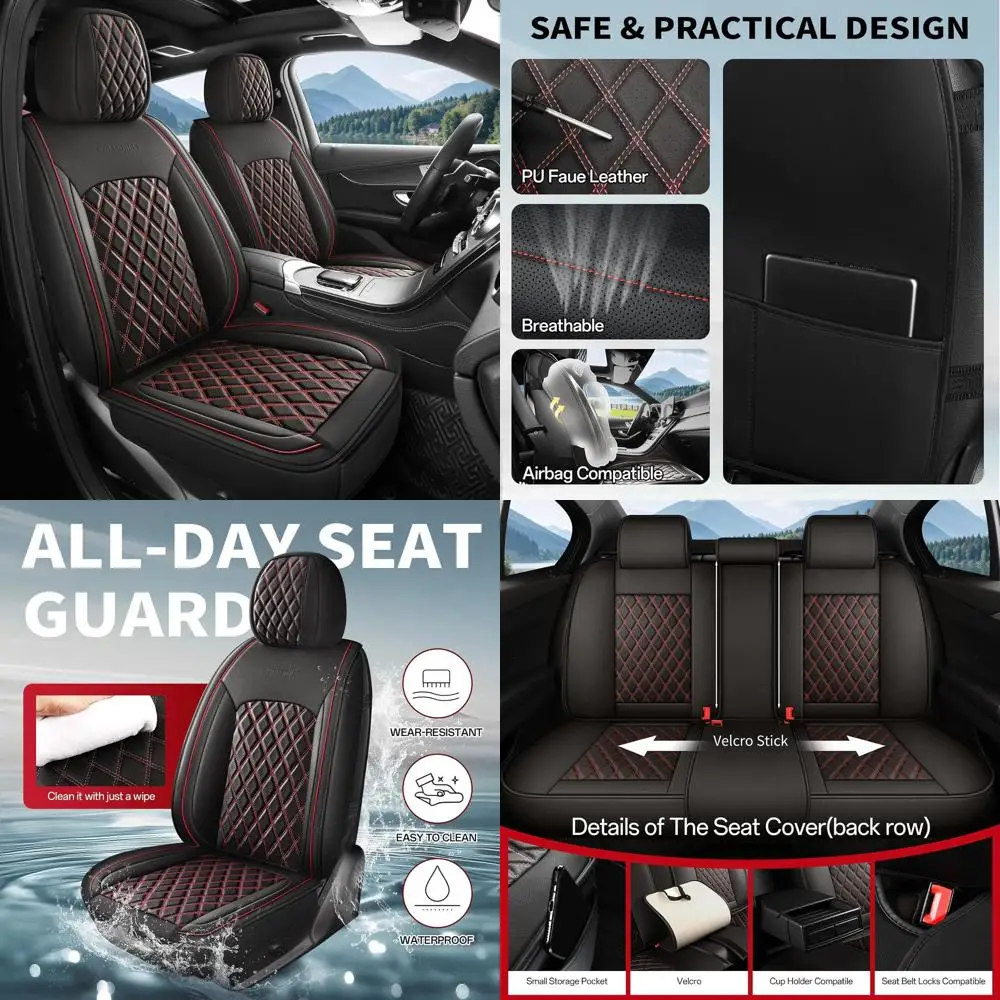 

Universal Waterproof Breathable Car Seat Covers - Stylish Black/Red Diamond for Most Cars