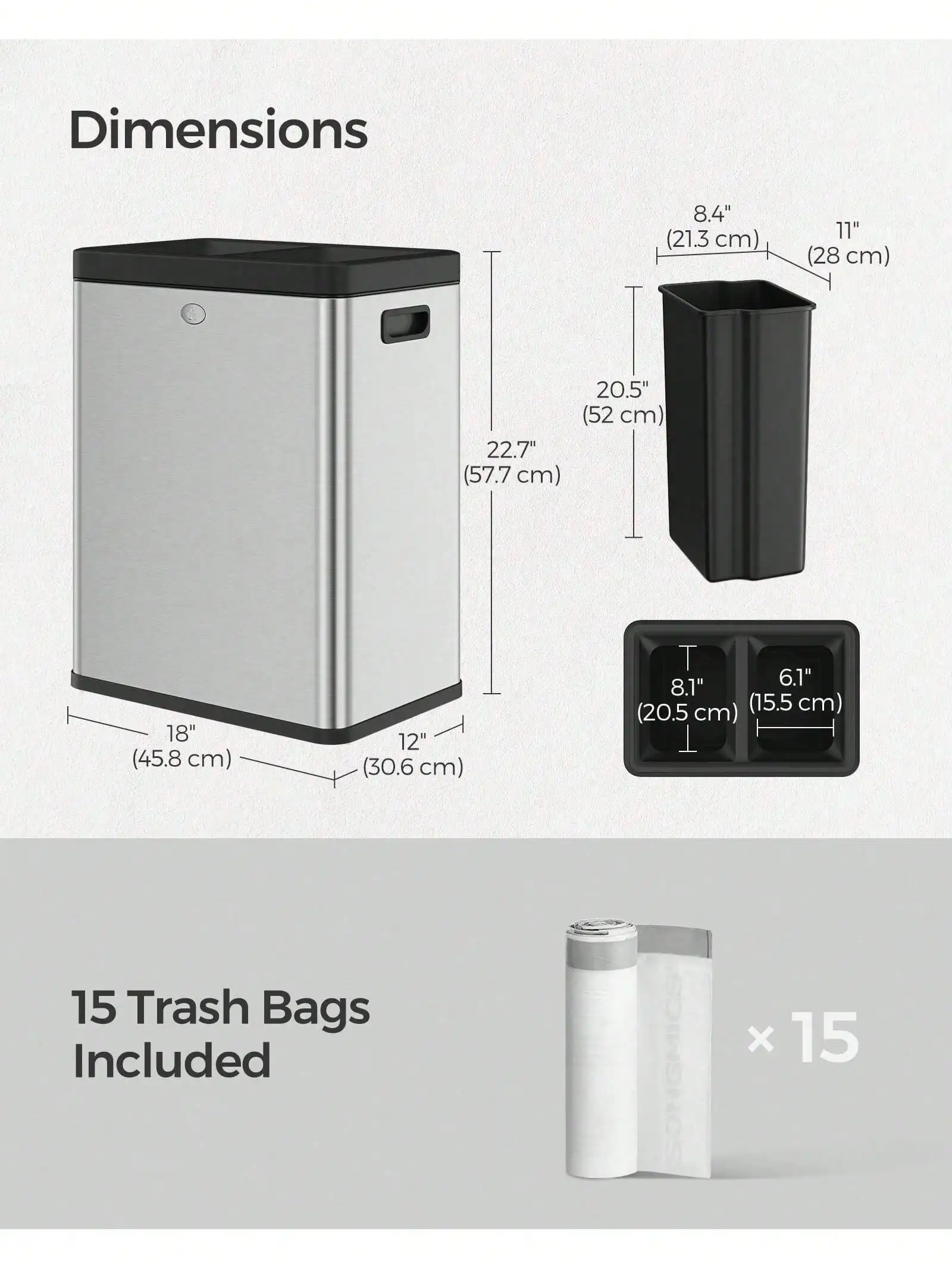 SONGMICS 2 X 6.6 Gallon Open Top Trash Can, Dual Compartment Garbage Can For Waste And Recycling, Stainless Steel, Trash Bin