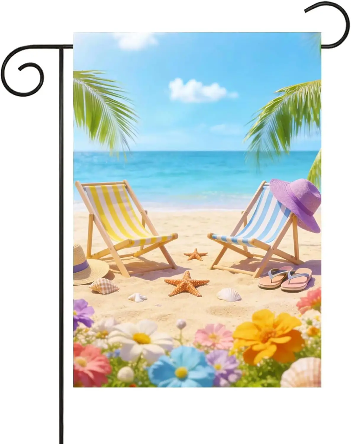 Beach Chairs Hat Flip Flops Palm Trees Summer Floral Flowers Garden Flag 12x18 Inch Small Vertical Double Sided Seasonal Out kkz