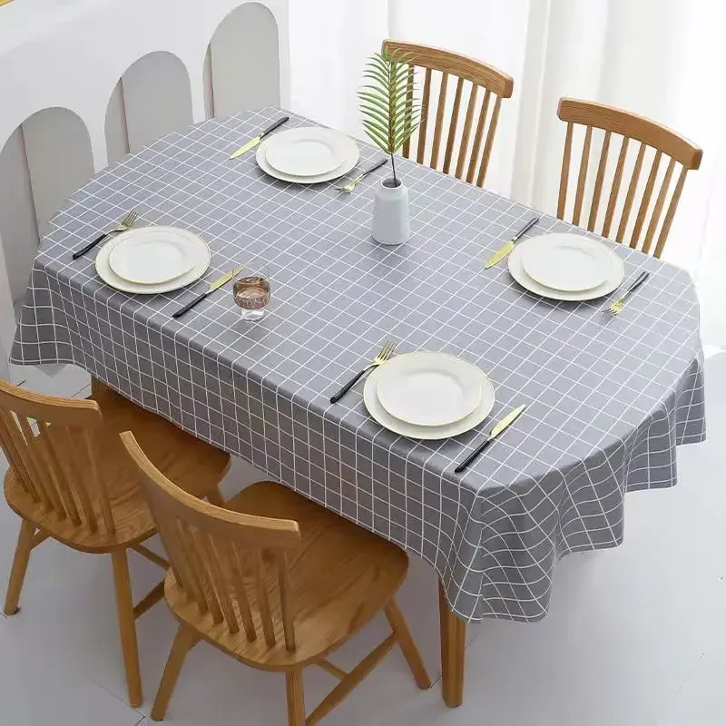 Tablecloth Oval 200cm Gray Plaid PVC Waterproof Table Cover Modern Style for Dining Table Cloth Ellipse Decor Daily