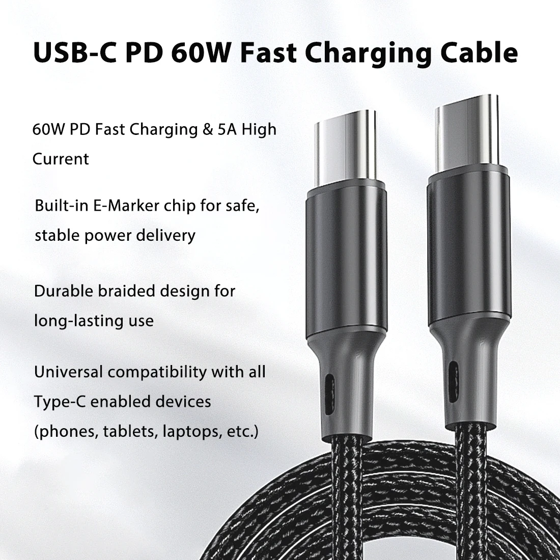 Type-C to Type-C 60W PD Fast Charging Cable 5A High Current Braided Type-C Cord with E-Marker Chip