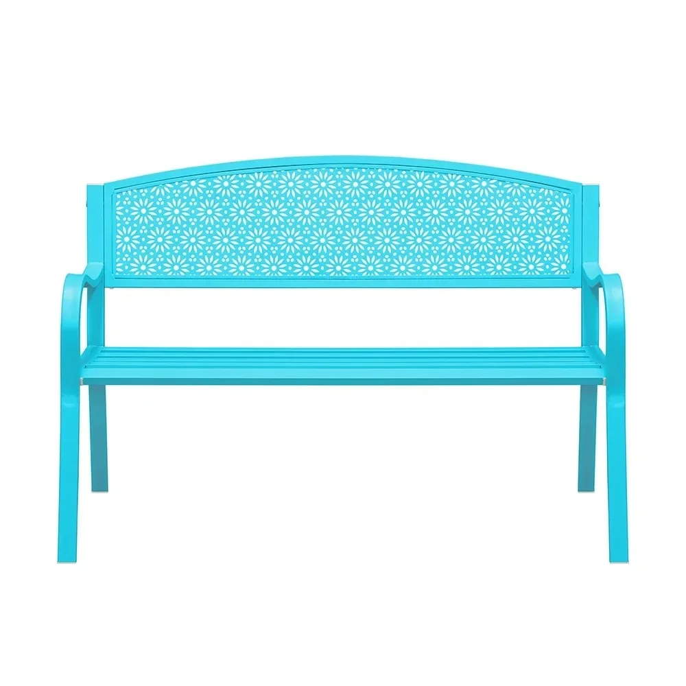 Outdoor Metal Garden Bench Steel Patio Loveseat Park Bench - Blue