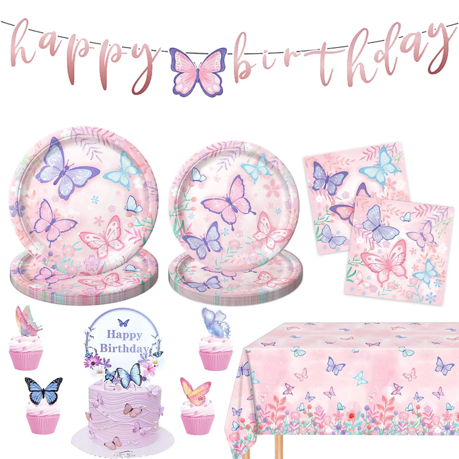 Butterfly Party Supplies Jednorazowa zastawa stołowa Obrus Butterfly Balloon Cake Topper Butterflly Dekoracje urodzinowe