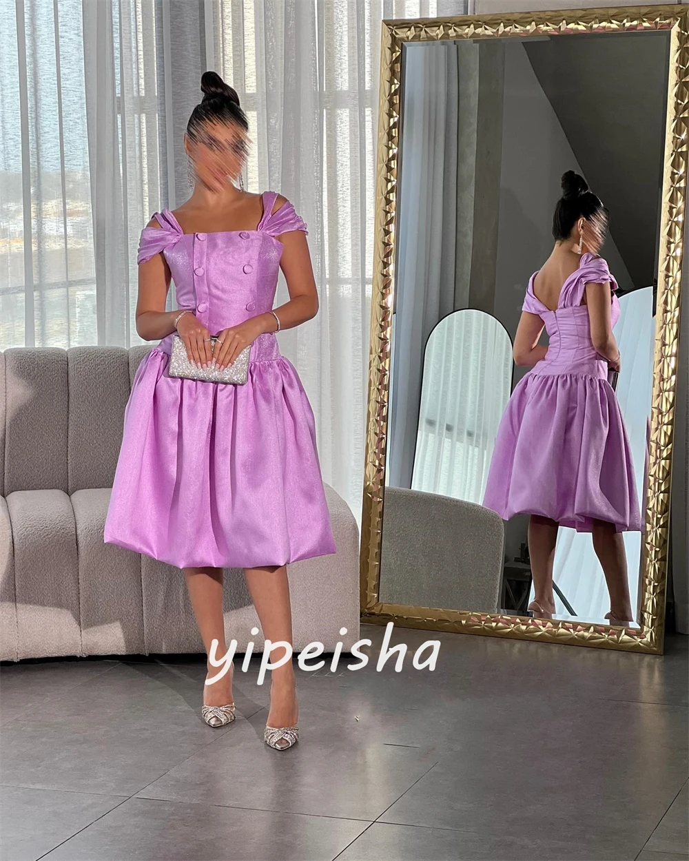 تخصيص رائعة الساتان Ruched ألف خط خارج على الكتف فساتين متوسطة الطول فساتين Quinceanera النمط الحديث Pastrol للجنسين الصينية S