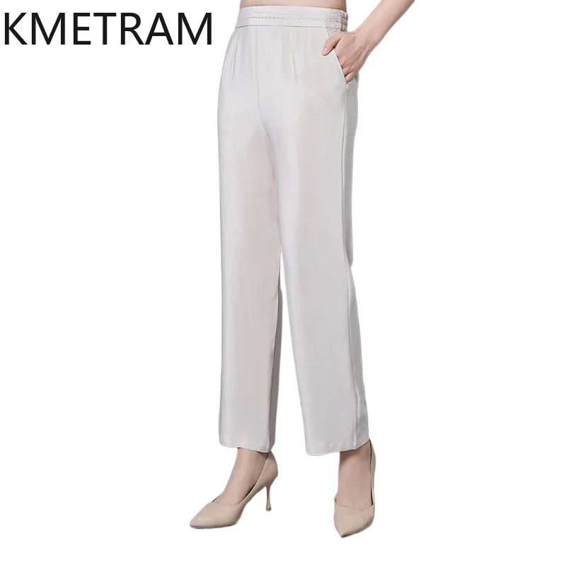 KMETRAM 100% Mulberry Silk Women Pants 2026 Summer Middle-aged Women's Ankle-length Plus Size Straight-leg Pants Ropa De Mujer