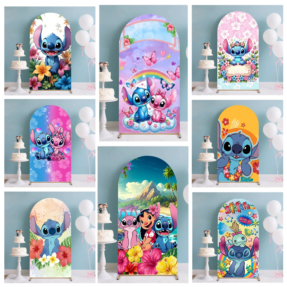 Housse d'arche Lilo & Stitch, thème tropical Hawaï, pour baby shower et anniversaire d'enfants, bannière de fond photographique double face
