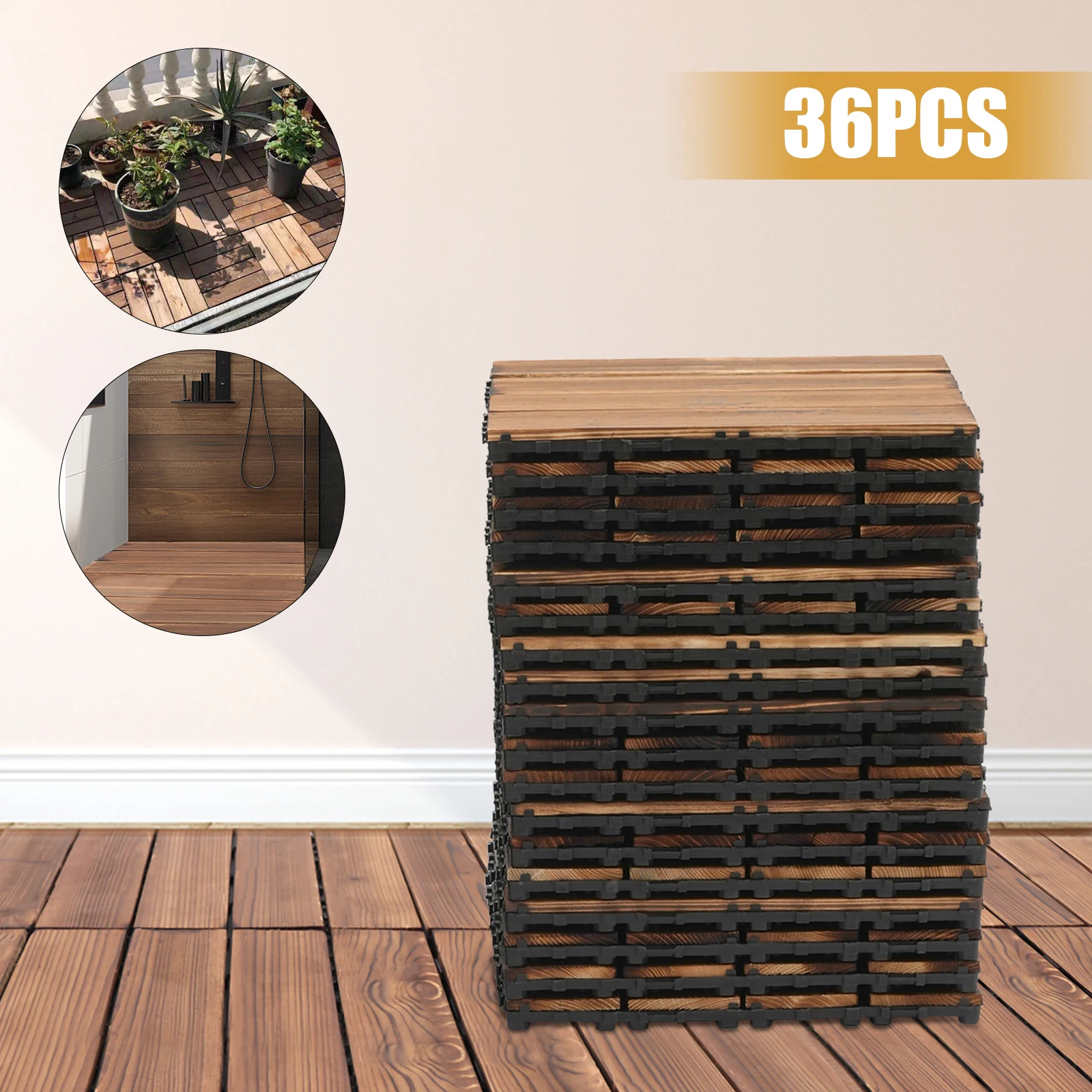 

Wood Flooring Tiles Outdoor Indoor Waterproof Interlocking Carbonized Pine Deck Tiles for Patio Garden