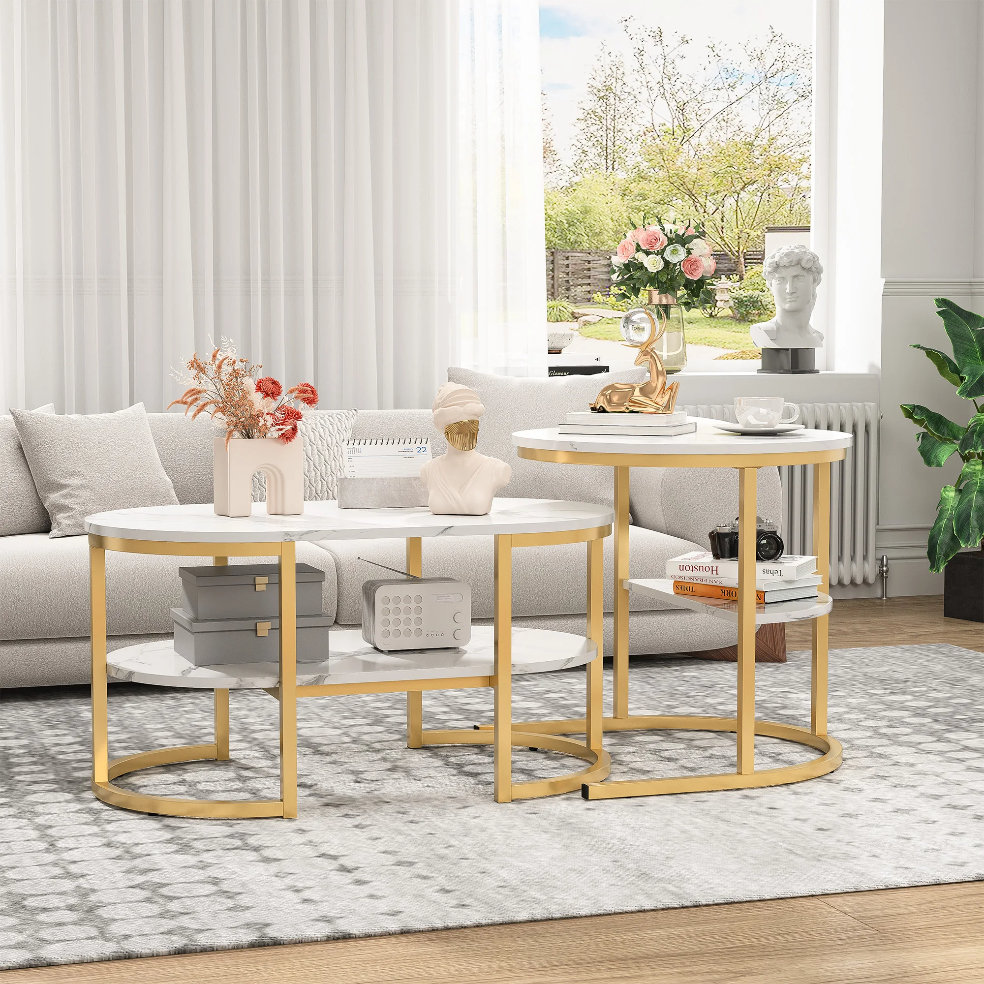 Rosahqnda Modern Set di 2 divani con grandi superfici portaoggetti, piano in marmo e robusti supporti metallici