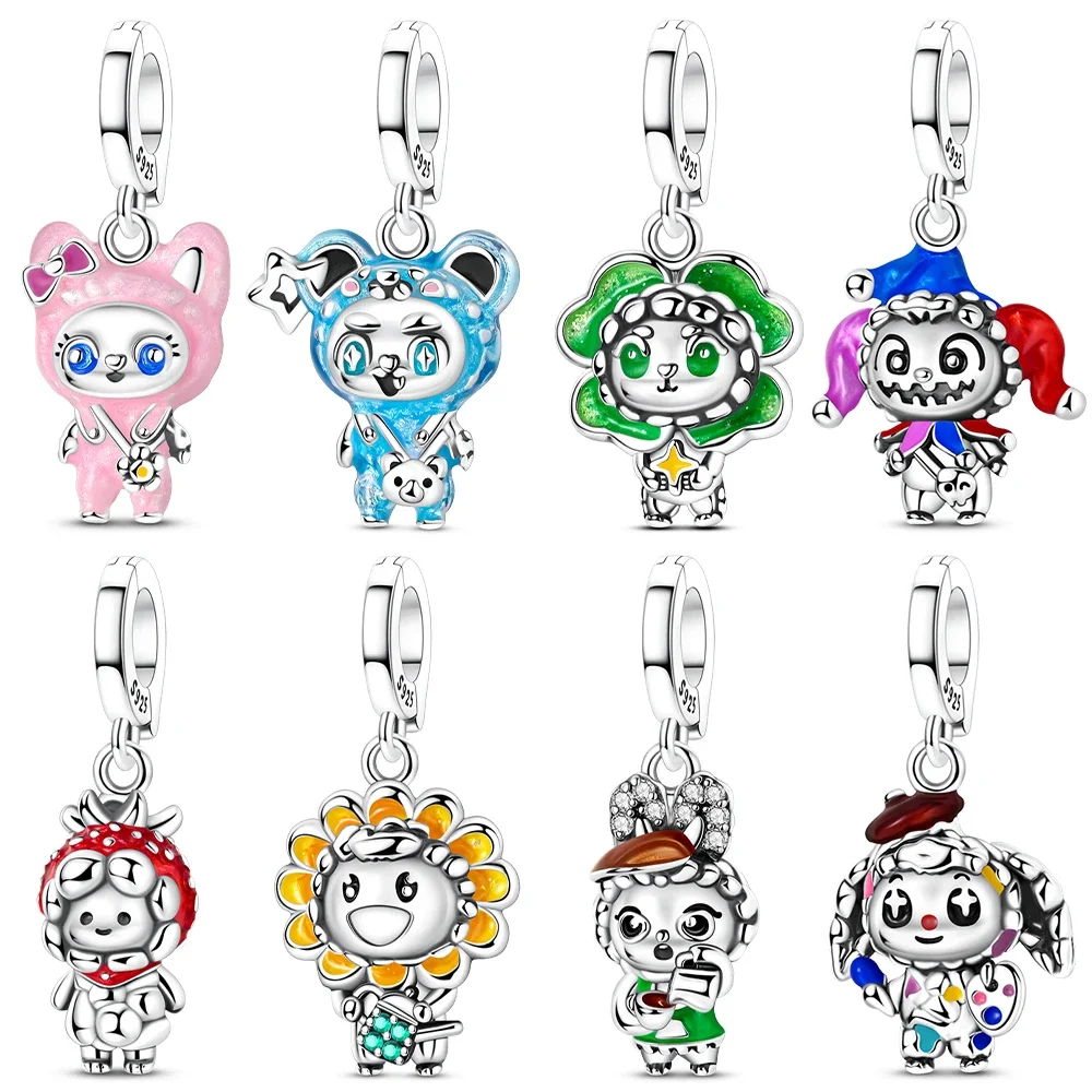 Lucky Four-Leaf Clover Bear Pendant Original 925 Silver Plated Cottontail Rabbit Colorful Doll Beads Fit Bracelet Jewelry Diy