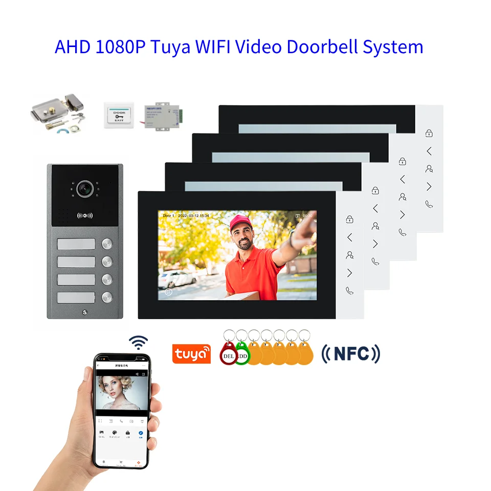 

AHD 1080P Tuya умный видеодомофон 2/3/4 единицы электронный швейцар безопасности RFID NFC разблокировка электрический замок домофонная система